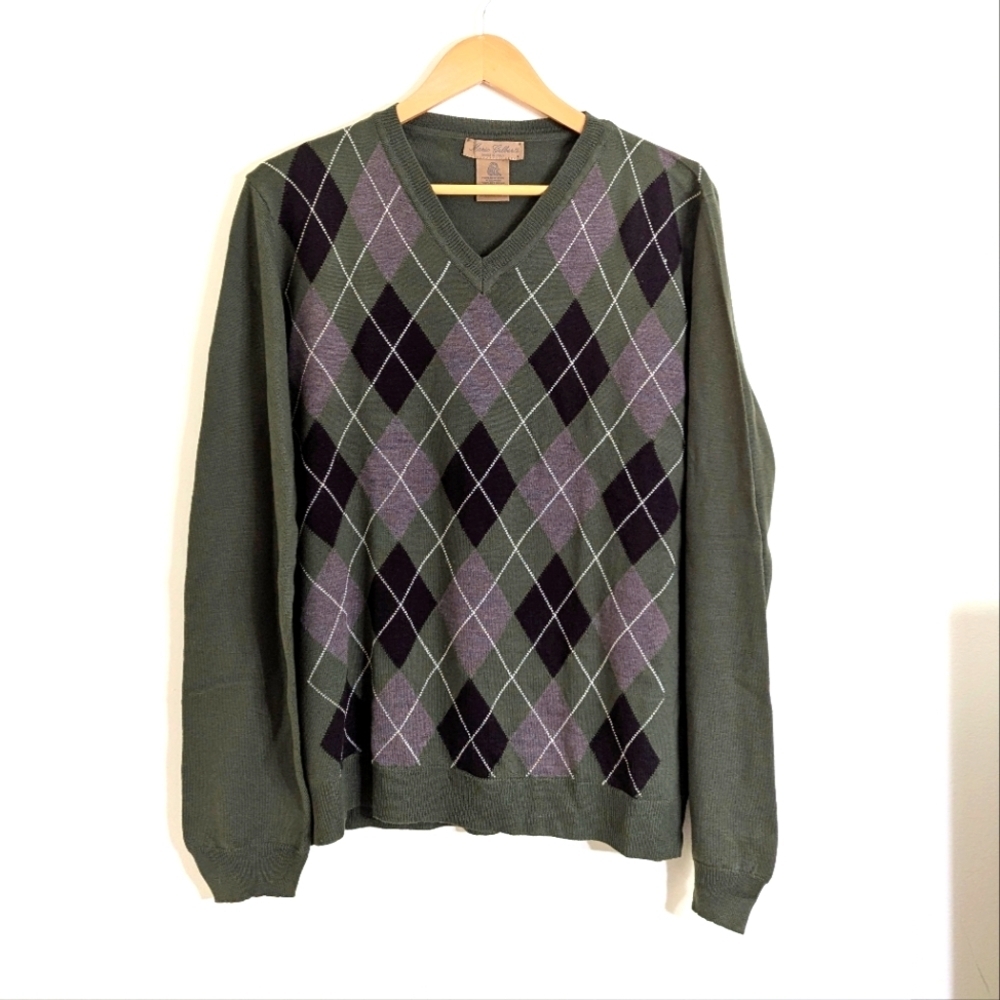NWOT Mario Gillerti Italian 100% Merino Wool V Neck Argyle Pullover Sweater Sz L